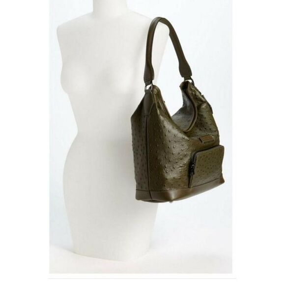 Longchamp Legende Hobo Brown Ostrich Embossed Bag Top Handle Carry Handbag - Picture 15 of 16